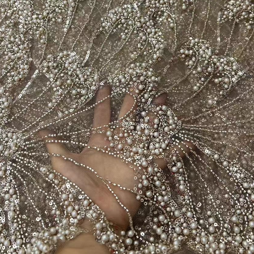 Crystal Mesh Fabric - Luxury Floral Design Fabric Handmade Embroidery